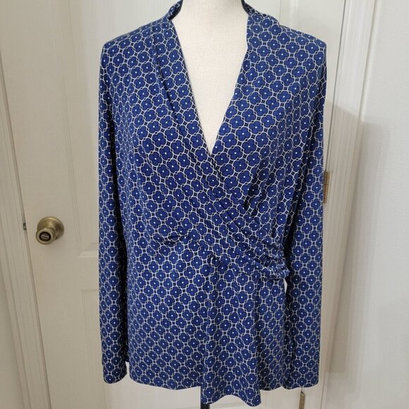 Charter Club Size XL Blue Geometric/Medallion Print Faux Wrap Long Sleeve Blouse - Picture 1 of 13